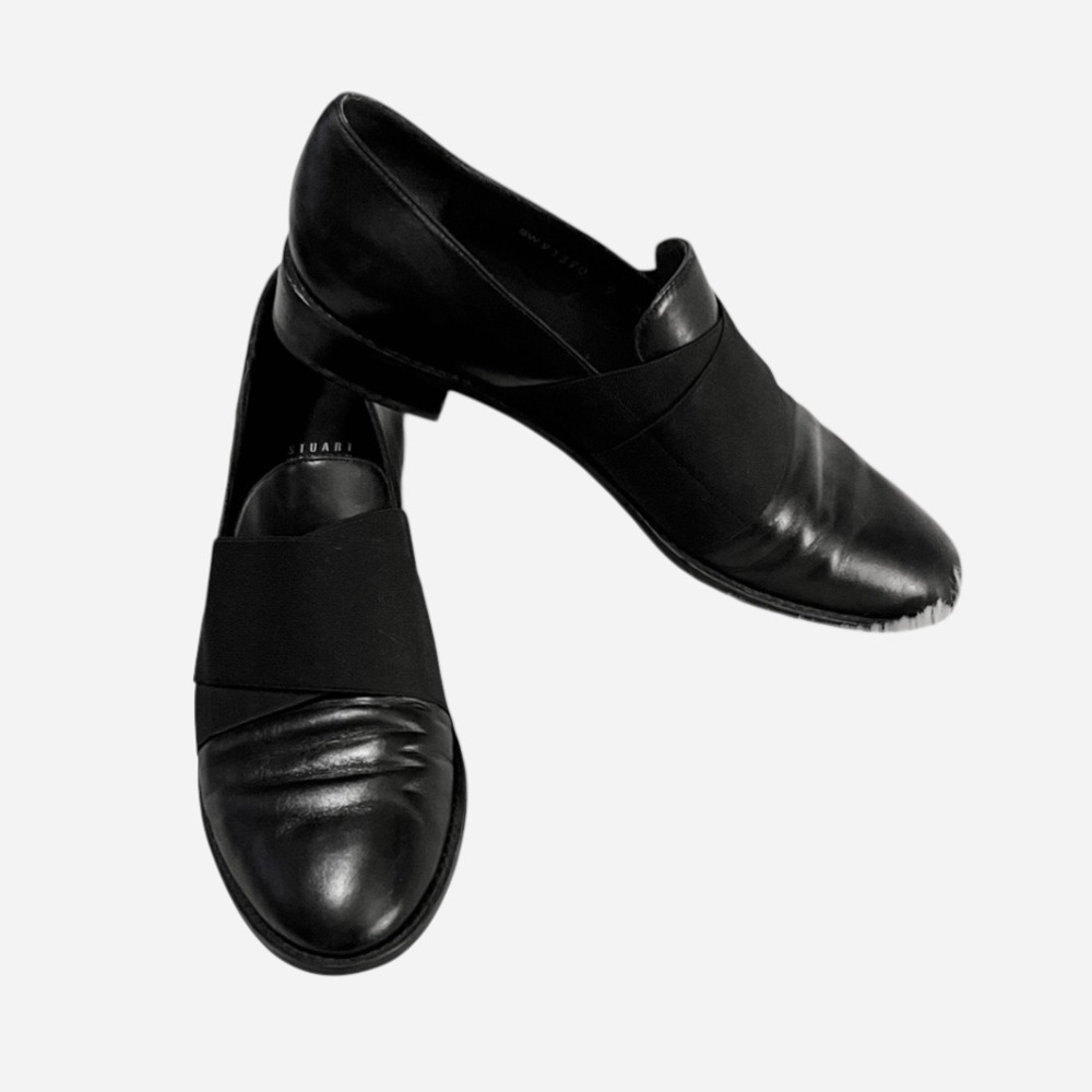 Stuart Weitzman Womans Black Leather Loafers Wide Crisscross Elastic Straps Sz 9
